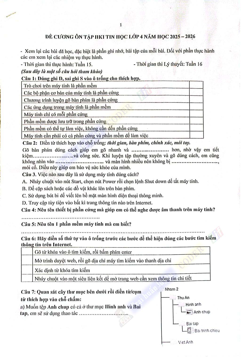 Đề thi tin học lớp 4 -kỳ 1