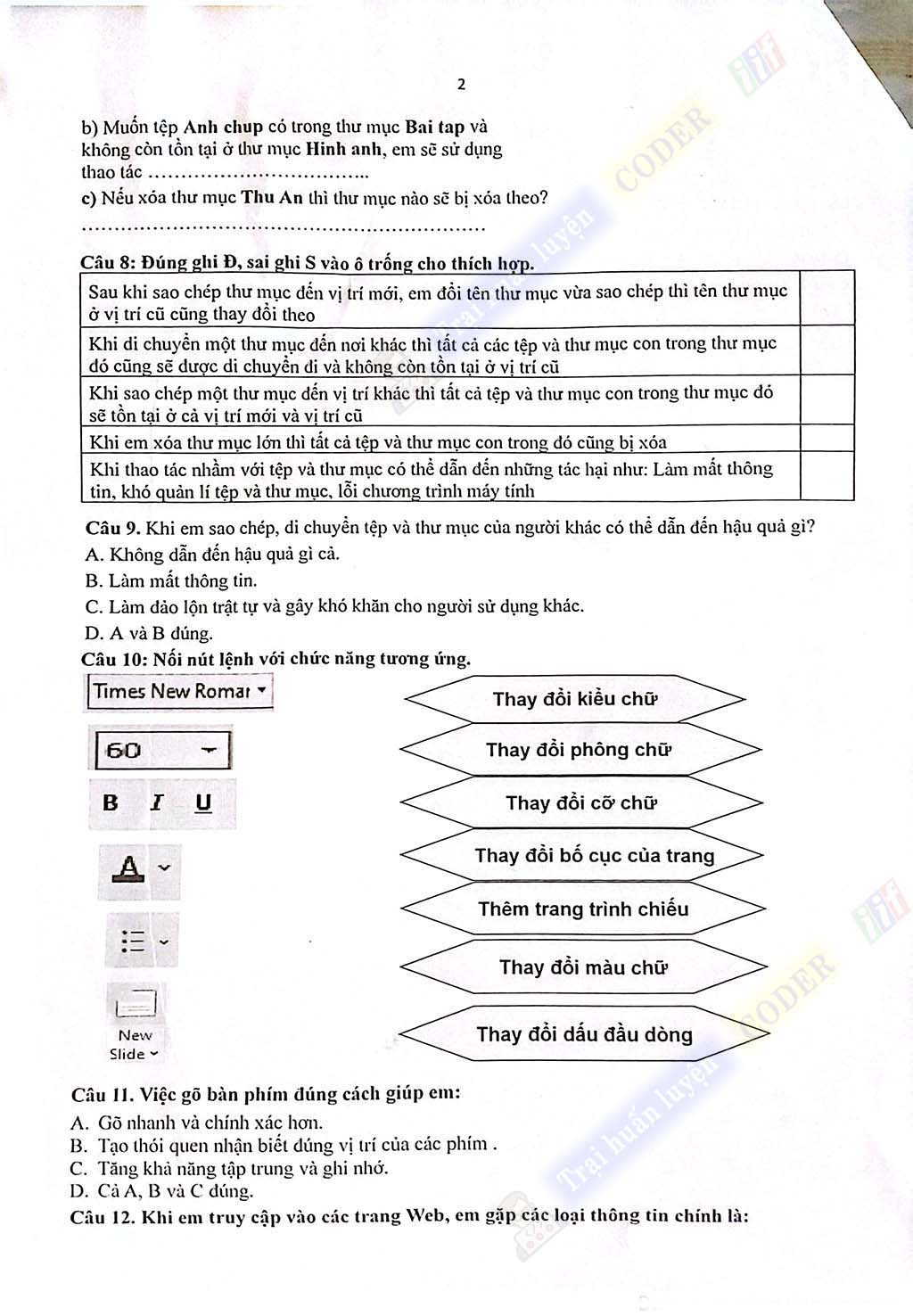 Đề thi tin học lớp 4 -kỳ 1