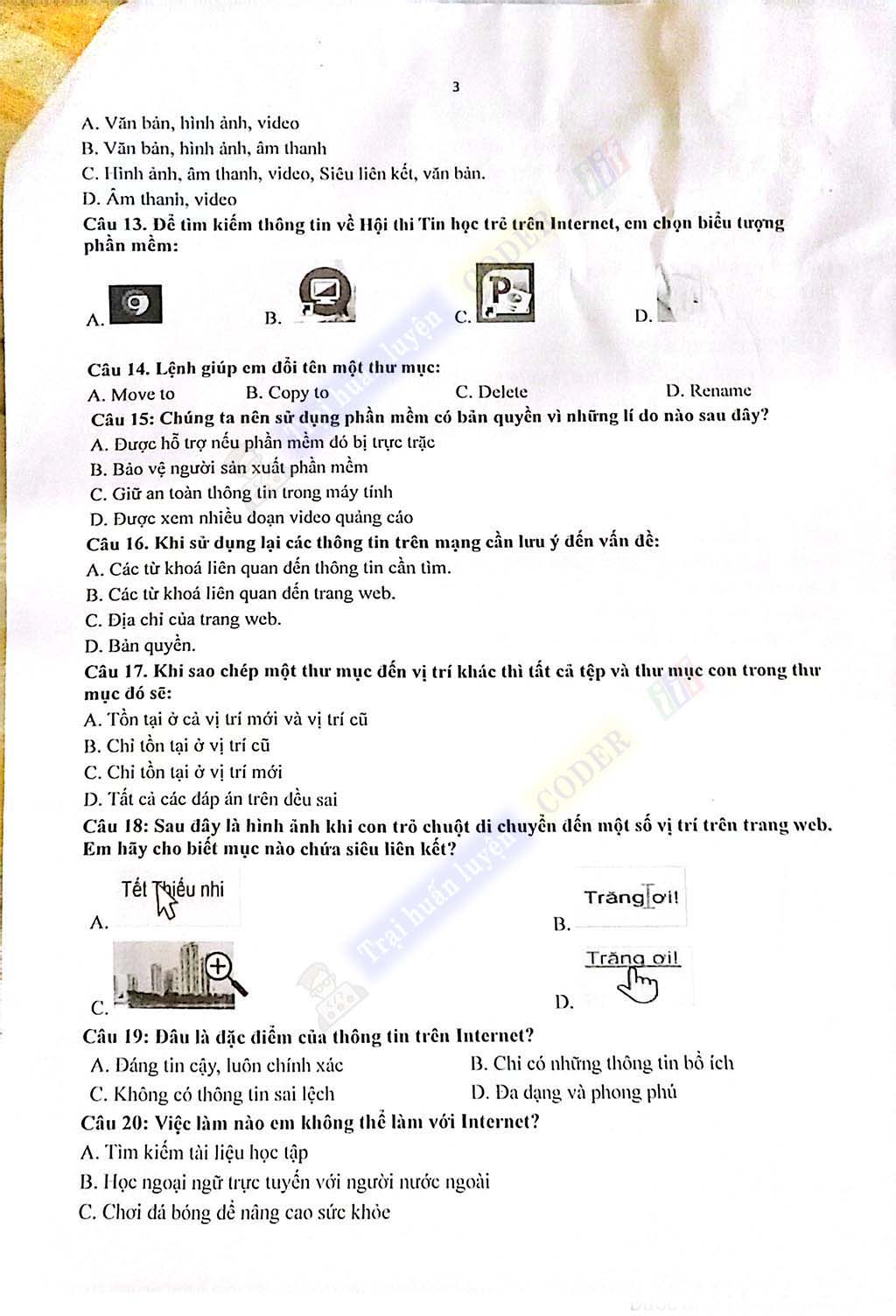 Đề thi tin học lớp 4 -kỳ 1