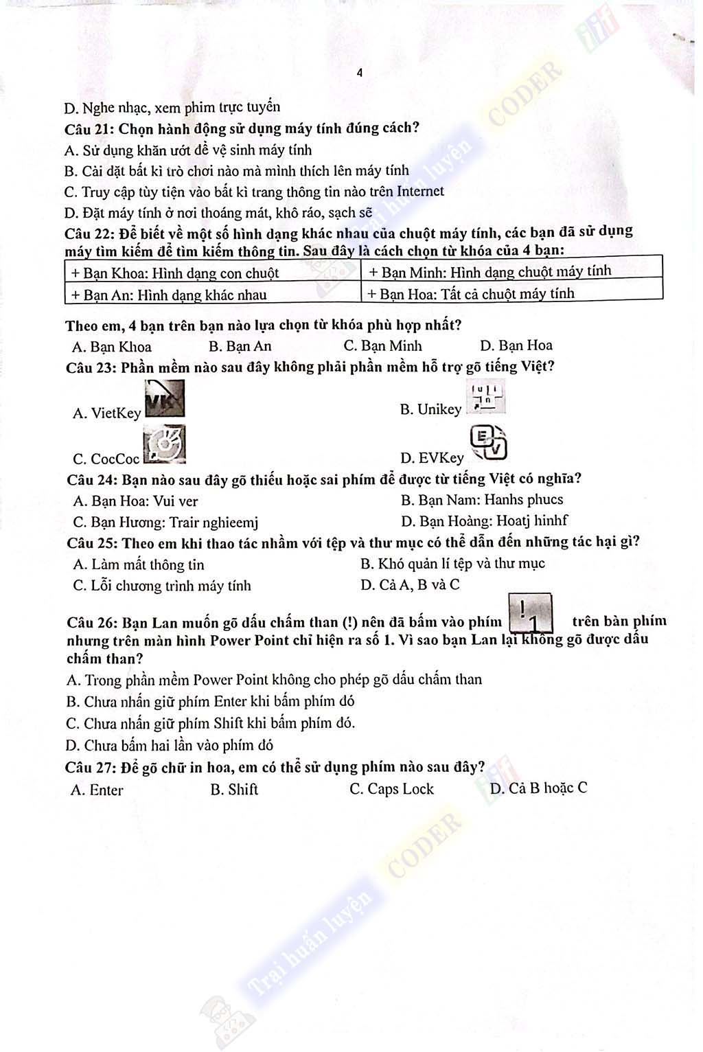 Đề thi tin học lớp 4 -kỳ 1